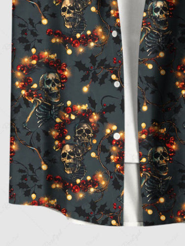 Gothic Plus Size Christmas Light Wreath Skull Skeleton Print Button Pocket Shirt For Men