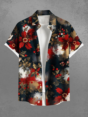 Gothic Plus Size Christmas Holly Leaf Painting Print Button Pocket Shirt For Men
