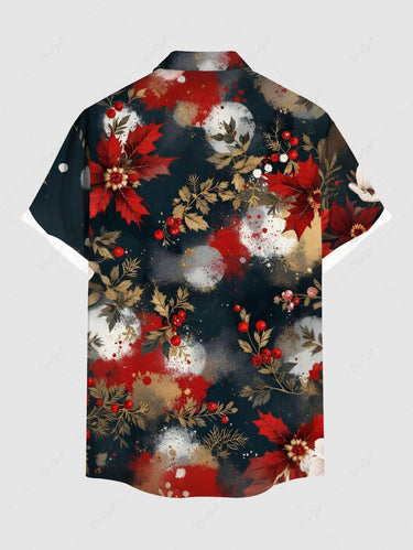 Gothic Plus Size Christmas Holly Leaf Painting Print Button Pocket Shirt For Men