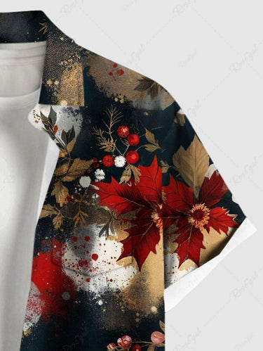 Gothic Plus Size Christmas Holly Leaf Painting Print Button Pocket Shirt For Men