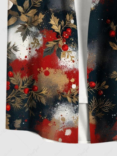 Gothic Plus Size Christmas Holly Leaf Painting Print Button Pocket Shirt For Men