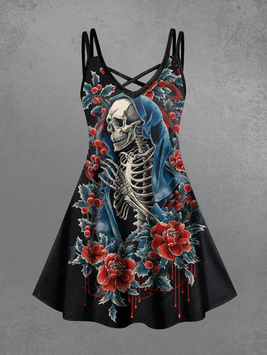 Gothic Plus Size Christmas Leaf Holly Flower Skeleton Print Crisscross Strappy A Line Cami Dress