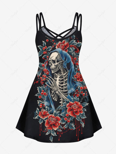 Gothic Plus Size Christmas Leaf Holly Flower Skeleton Print Crisscross Strappy A Line Cami Dress