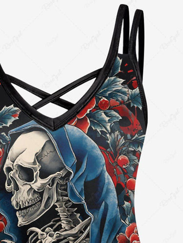 Gothic Plus Size Christmas Leaf Holly Flower Skeleton Print Crisscross Strappy A Line Cami Dress