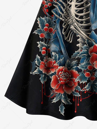 Gothic Plus Size Christmas Leaf Holly Flower Skeleton Print Crisscross Strappy A Line Cami Dress