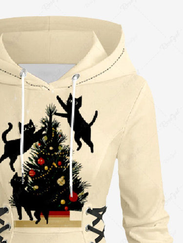 Gothic Plus Size Christmas Tree Ball Cat Print Lace Up Hooded A Line Dress