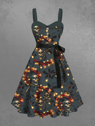 Gothic Plus Size Christmas Light Wreath Skull Skeleton Print Button A Line Dress with Removable Belt