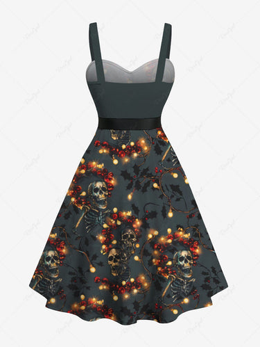 Gothic Plus Size Christmas Light Wreath Skull Skeleton Print Button A Line Dress with Removable Belt