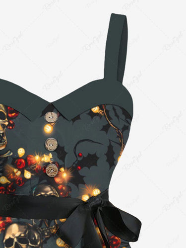 Gothic Plus Size Christmas Light Wreath Skull Skeleton Print Button A Line Dress with Removable Belt
