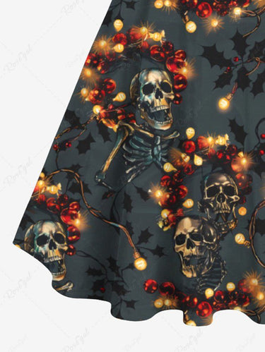 Gothic Plus Size Christmas Light Wreath Skull Skeleton Print Button A Line Dress with Removable Belt
