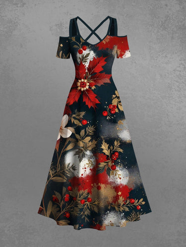 Gothic Plus Size Christmas Holly Leaf Painting Print Cold Shoulder Crisscross A Line Maxi Dress