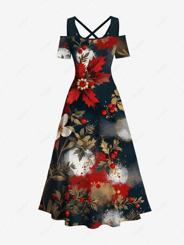 Gothic Plus Size Christmas Holly Leaf Painting Print Cold Shoulder Crisscross A Line Maxi Dress