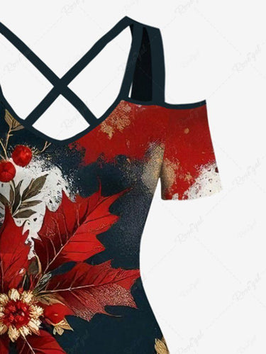 Gothic Plus Size Christmas Holly Leaf Painting Print Cold Shoulder Crisscross A Line Maxi Dress
