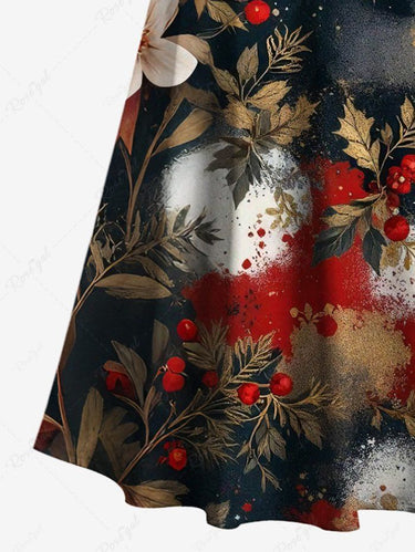 Gothic Plus Size Christmas Holly Leaf Painting Print Cold Shoulder Crisscross A Line Maxi Dress