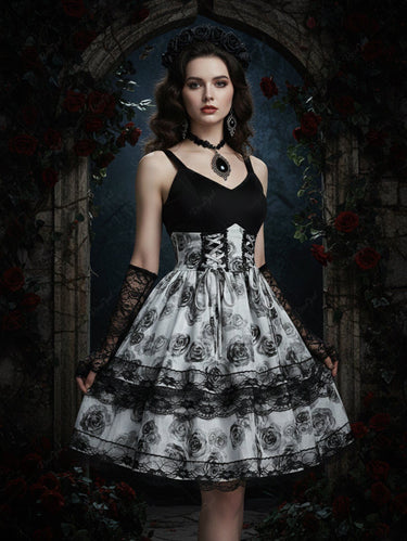 Gothic Rose Flower Print Lace-up Lace Trim Layered A Line Dress