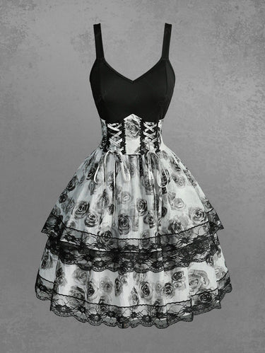 Gothic Rose Flower Print Lace-up Lace Trim Layered A Line Dress