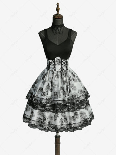 Gothic Rose Flower Print Lace-up Lace Trim Layered A Line Dress
