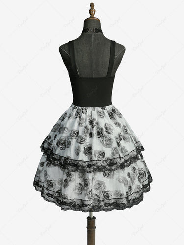 Gothic Rose Flower Print Lace-up Lace Trim Layered A Line Dress