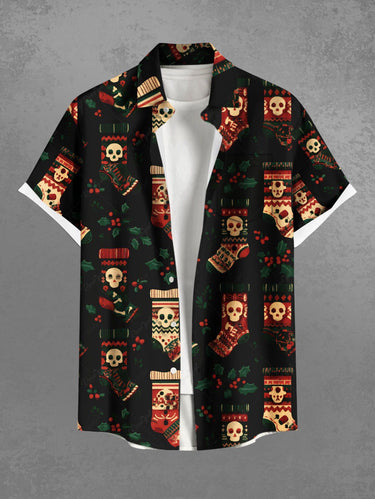 Gothic Plus Size Christmas Holly Stocking Skull Print Button Pocket Shirt For Men