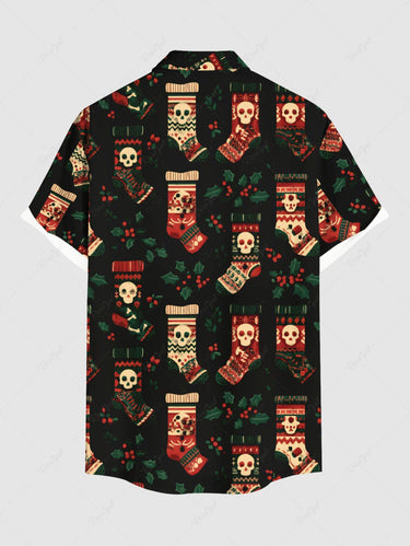 Gothic Plus Size Christmas Holly Stocking Skull Print Button Pocket Shirt For Men