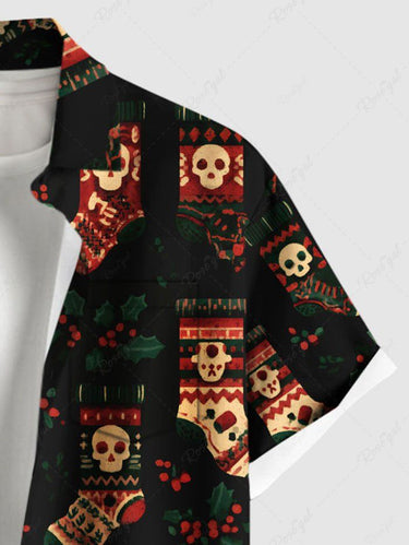 Gothic Plus Size Christmas Holly Stocking Skull Print Button Pocket Shirt For Men