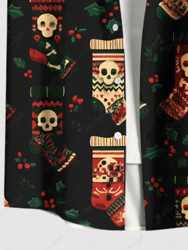 Gothic Plus Size Christmas Holly Stocking Skull Print Button Pocket Shirt For Men