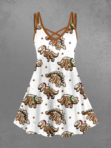 Gothic Plus Size Skeleton Dinosaur Star Print Crisscross Strappy A Line Cami Dress