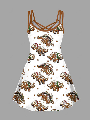 Gothic Plus Size Skeleton Dinosaur Star Print Crisscross Strappy A Line Cami Dress