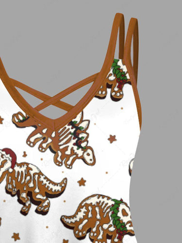 Gothic Plus Size Skeleton Dinosaur Star Print Crisscross Strappy A Line Cami Dress