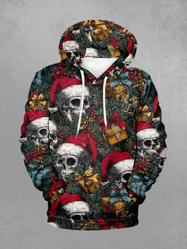 Gothic Plus Size Christmas Hat Gift Holly Skull Print Pullover Long Sleeves Hoodie For Men