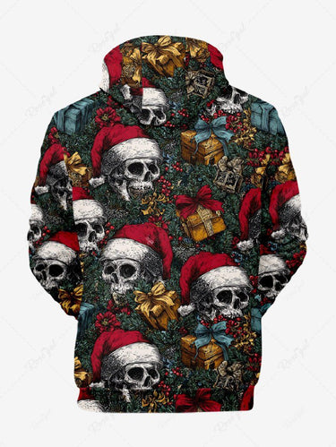 Gothic Plus Size Christmas Hat Gift Holly Skull Print Pullover Long Sleeves Hoodie For Men