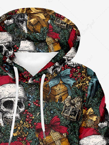 Gothic Plus Size Christmas Hat Gift Holly Skull Print Pullover Long Sleeves Hoodie For Men