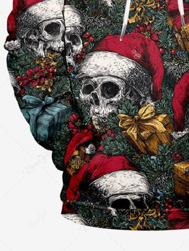Gothic Plus Size Christmas Hat Gift Holly Skull Print Pullover Long Sleeves Hoodie For Men