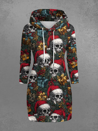 Gothic Plus Size Christmas Hat Gift Holly Skull Print Pullover Long Sleeves Hoodie
