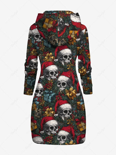 Gothic Plus Size Christmas Hat Gift Holly Skull Print Pullover Long Sleeves Hoodie