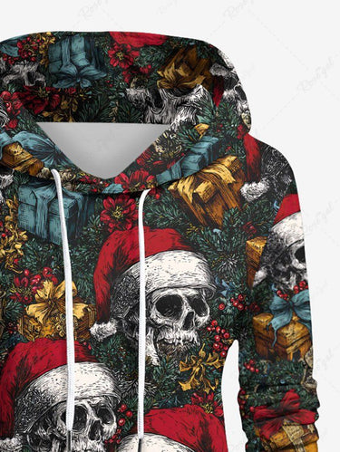 Gothic Plus Size Christmas Hat Gift Holly Skull Print Pullover Long Sleeves Hoodie