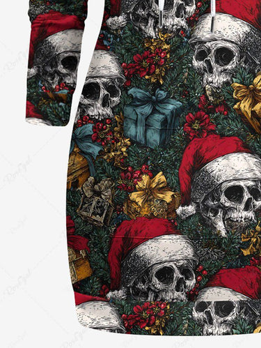 Gothic Plus Size Christmas Hat Gift Holly Skull Print Pullover Long Sleeves Hoodie