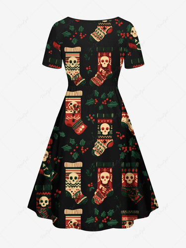 Gothic Plus Size Christmas Holly Stocking Skull Print Cinched A Line Dress
