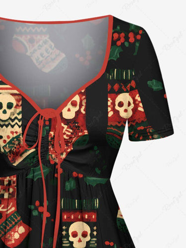 Gothic Plus Size Christmas Holly Stocking Skull Print Cinched A Line Dress