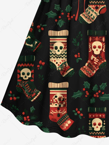 Gothic Plus Size Christmas Holly Stocking Skull Print Cinched A Line Dress