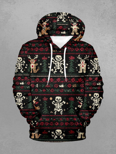 Gothic Plus Size Christmas Gingerbread Elk Skeleton Flower Print Pullover Long Sleeves Hoodie For Men