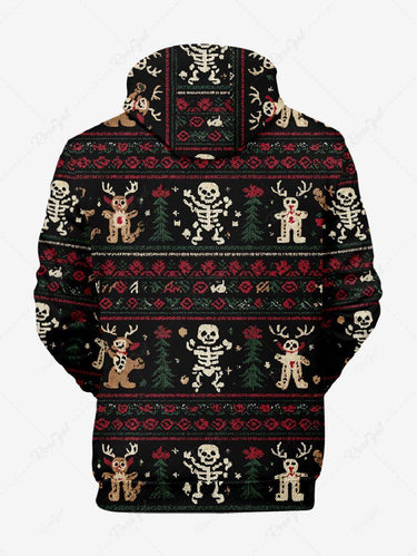 Gothic Plus Size Christmas Gingerbread Elk Skeleton Flower Print Pullover Long Sleeves Hoodie For Men