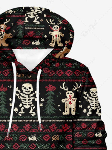 Gothic Plus Size Christmas Gingerbread Elk Skeleton Flower Print Pullover Long Sleeves Hoodie For Men