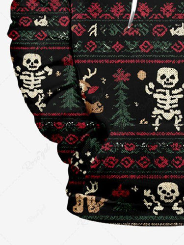 Gothic Plus Size Christmas Gingerbread Elk Skeleton Flower Print Pullover Long Sleeves Hoodie For Men