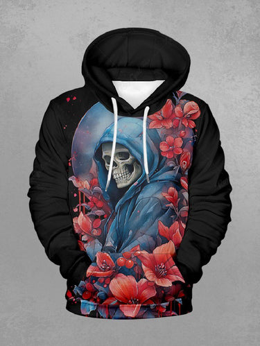 Gothic Plus Size Skull Flower Print Pullover Long Sleeves Hoodie For Men