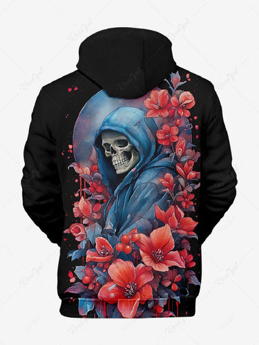 Gothic Plus Size Skull Flower Print Pullover Long Sleeves Hoodie For Men