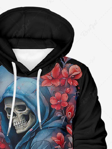 Gothic Plus Size Skull Flower Print Pullover Long Sleeves Hoodie For Men