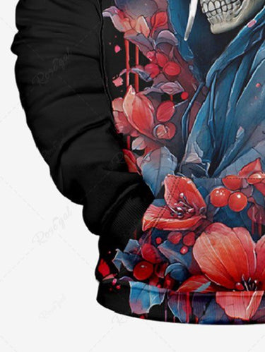 Gothic Plus Size Skull Flower Print Pullover Long Sleeves Hoodie For Men