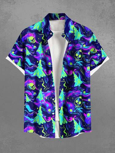Gothic Plus Size Colorful Christmas Tree Skull Print Button Pocket Shirt For Men