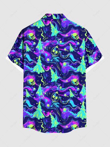 Gothic Plus Size Colorful Christmas Tree Skull Print Button Pocket Shirt For Men